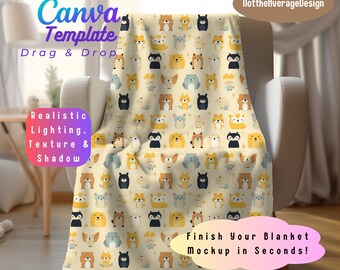 Könnte beinhalten: Ein Mockup einer Decke mit einem sich wiederholenden Muster aus Comic-Tieren in den Farben Gelb, Orange, Braun, Schwarz und Blau. Die Decke ist über einen beigen Sessel gelegt. Der Text "Finish Your Blanket Mockup in Seconds!" ist in der unteren rechten Ecke des Bildes sichtbar.