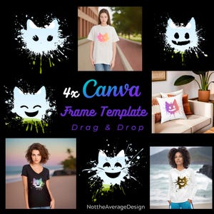 DIY Frame Canva Template & SVG, 4 Happy Cat bleach splatter Drag Drop pattern T-shirt card scrapbook junk journal sticker decor Sublimation