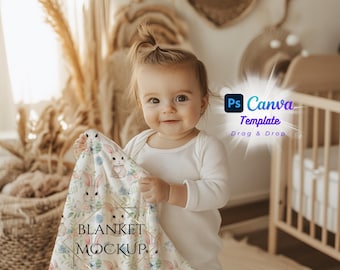 Cinematic Baby Blanket Mockup Canva PNG PSD Smart Object, template Velveteen Plush Minky Swaddle Fleece Kid Teen Girl woman Throw