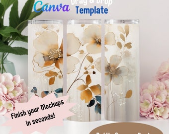 May include: Three white tumblers with a floral design in shades of brown, beige, and gold. The tumblers are arranged in a row on a white surface. The text "Canva Drag & Drop Template" is at the top of the image. The text "Finish your Mockups in Seconds!" is in a pink starburst shape at the bottom left of the image. The text "NottheaverageDesign" is in a brown rectangle at the bottom right of the image.