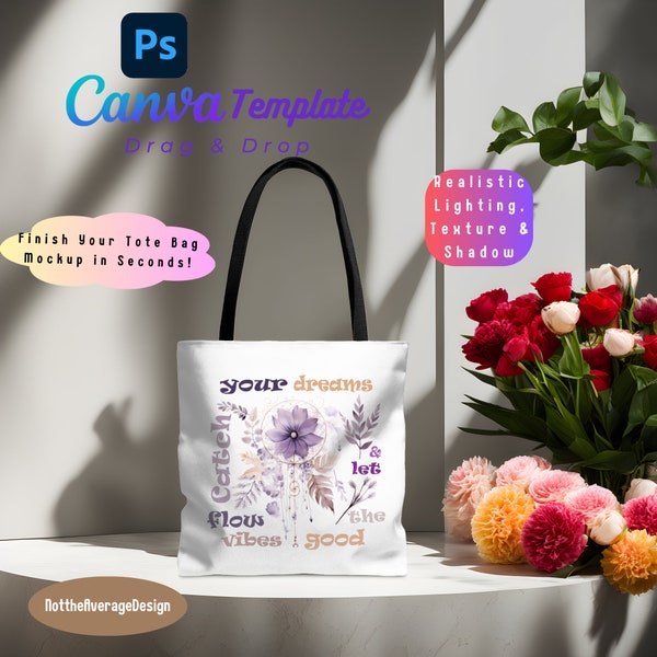 Tote Bag Mockup Canva PNG PSD,  Black cotton handles printfy version Ready to use template Buy5get50%off Bundle Sale Kid Teen Girl woman