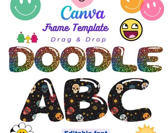 Doodle Letter Number Canva Frame Bundle, DIY Custom Drag Drop sublimation print for Mug Tshirt card scrapbook junk journal sticker