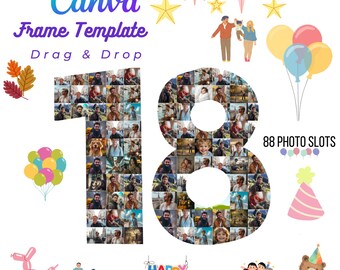 DIY 18 Birthday Family Photo Collage Customizable Canva Frame, Drag & Drop element logo print for T-shirt card Family Reunion gift