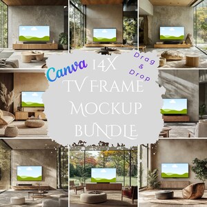 May include: A mockup bundle of 14 TV frames in various living room settings. The frames are empty and ready for you to add your own images. Drag and Drop your images to create a realistic TV frame mockup.