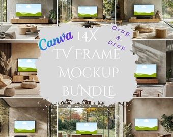 14x TV Frame mockup BUNDLE, Canva drag and drop template Landscape mockup Samsung TV horizontal frame showcase artwork