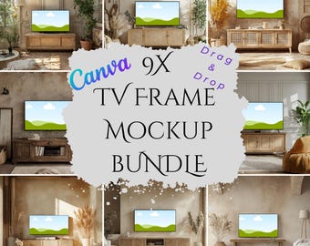 9x TV Frame mockup BUNDLE, French Country Boho Style Canva drag drop template Landscape mockup Samsung TV horizontal frame showcase artwork