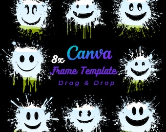 May include: Eight white paint splatters with a blue smiley face in the center of each. The text "8x Canva Frame Template Drag & Drop" is in the center of the image.