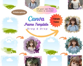 May include: A Canva frame template with 7 editable frames. The template features a variety of decorative frames with different designs, including floral, geometric, and abstract patterns. The text "Canva Frame Template" and "Drag & Drop" is displayed on the image.