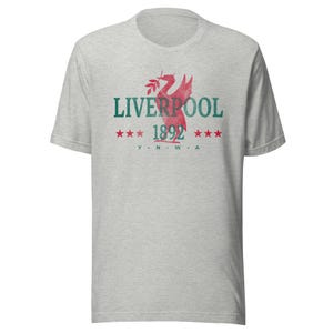 以下が含まれることがあります： 小枝をくわえた赤いリヴァーバードのグラフィック、ダークグリーンの「LIVERPOOL 1892」の文字、両側に3つずつの赤い星、そして中央のデザインの下にダークグリーンで「Y.N.W.A.」の頭文字がプリントされた、グレーの半袖Tシャツ。