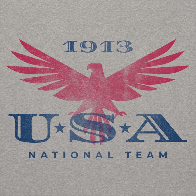 Może przedstawiać: Szara koszulka z postarzanym wzorem. Przedstawia czerwono-niebieskiego orła z rozpostartymi skrzydłami, napis "1913" nad nim i "USA NATIONAL TEAM" pod nim.