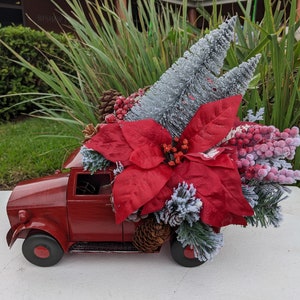 Christmas Red Truck Decor, Red Farm Truck Home Decor, Christmas Rustic Red Metal Truck with silver trees Home Accent, Christmas Arrangement