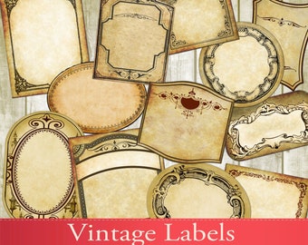 May include: A collection of vintage labels featuring ornate borders and a distressed, aged paper texture. The labels are ideal for adding a touch of rustic charm to your crafts, packaging, or scrapbooking projects.