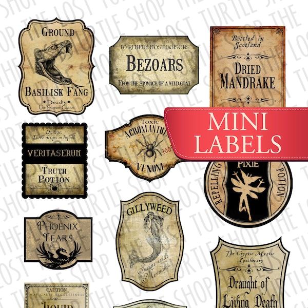 Mini Potion Bottle Labels, Doll House, Realistic Handmade Labels,Wizard Party Decoration, Apothecary Jar, Printabe, Potion Tags, Stickers