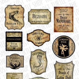 Realistic Handmade Labels, Potion Bottle Labels, Wizard Party Decoration, Apothecary Jar, Printabe, Game, Potion Class, tag, jpg, sticker