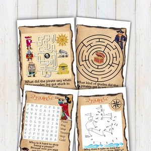 May include: Four printable pirate-themed activity sheets for kids. The sheets include a word search, a maze, a connect-the-dots puzzle, and a riddle. The sheets are designed to look like old parchment paper.