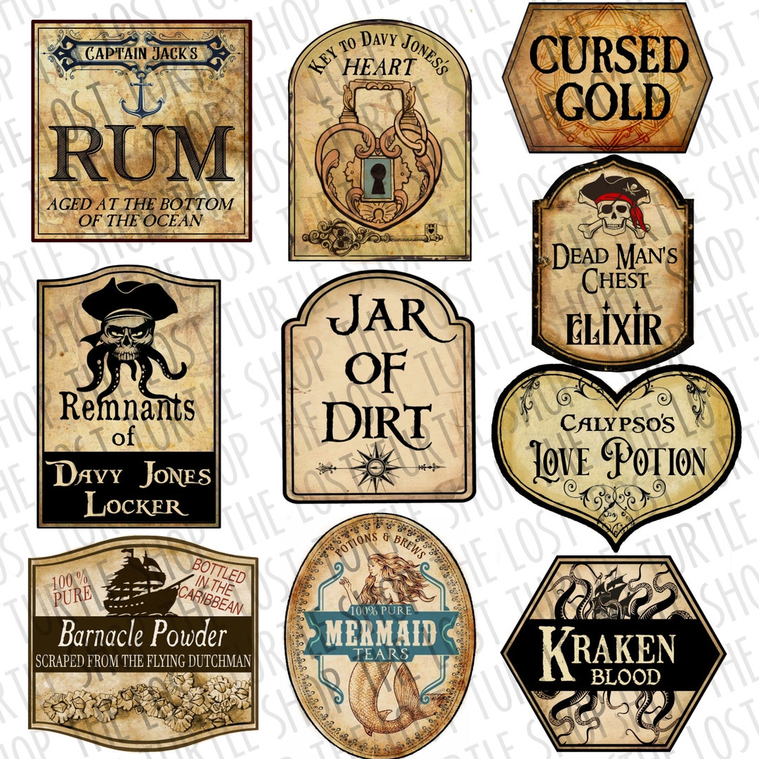 Pirate Potion Bottle Labels: Vintage Apothecary Jar Decorations Mermaid ...