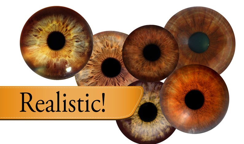 May include: Close-up of six realistic brown eyes with different shades and patterns. The eyes are isolated on a white background.