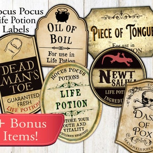 May include: A collection of vintage-style Hocus Pocus Life Potion labels. The labels feature phrases like "Oil of Boil," "Dead Man's Toe," and "Dash of Pox." The labels are in various shapes and sizes, with a distressed, aged appearance.