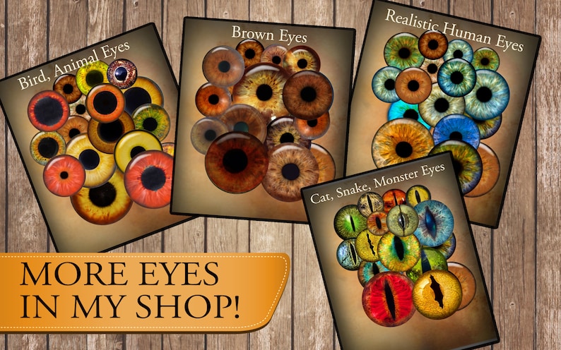 May include: Four cards with different types of eyes. The cards are labeled "Bird, Animal Eyes", "Brown Eyes", "Realistic Human Eyes", and "Cat, Snake, Monster Eyes". Each card features a collection of colorful eyes.