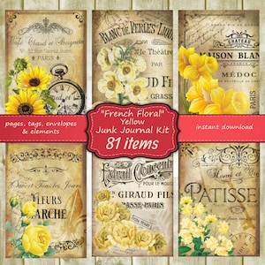 May include: A digital junk journal kit with 81 items featuring yellow floral designs. The kit includes pages, tags, envelopes, and elements. The text "French Floral" and "Yellow Junk Journal Kit" is displayed on the image.