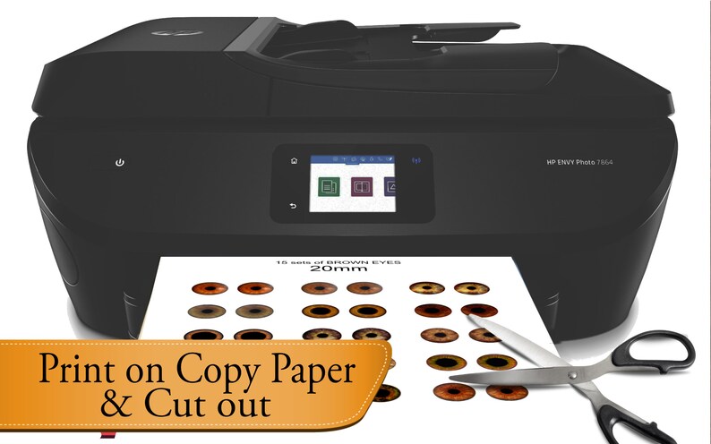 May include: A black HP Envy Photo 7804 printer with a sheet of paper in the output tray. The paper has 10 sets of brown eyes printed on it, each measuring 20mm. The text "Print on Copy Paper & Cut out" is visible in the lower left corner of the image.