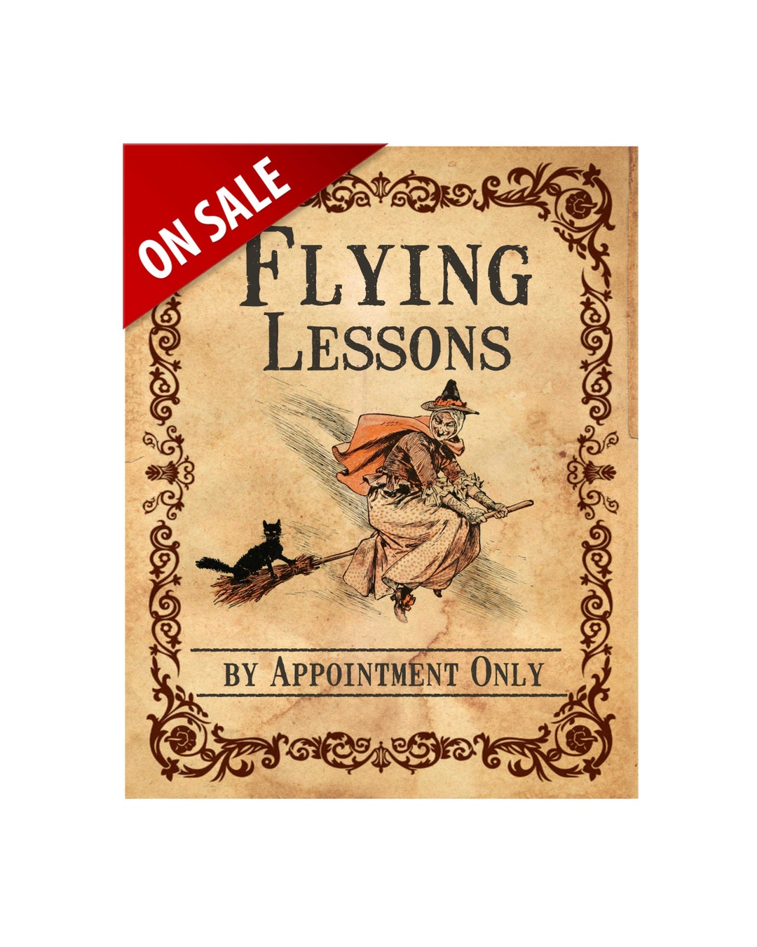 Witch Broom Printable Sign, Antique Halloween Decoration, Black Cat