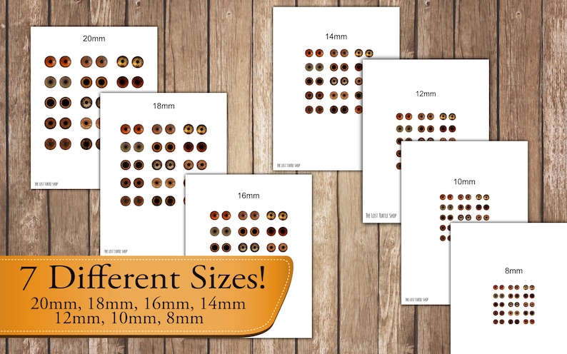 May include: Seven sheets of paper with different sizes of brown and gold colored plastic eyes. The sizes are 20mm, 18mm, 16mm, 14mm, 12mm, 10mm, and 8mm.