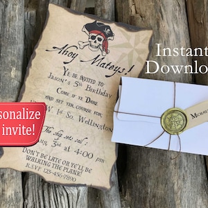 Pirate Invitation for Pirate Party, Pirate Birthday Party, Pirate Invite, Treasure Map