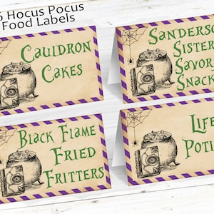 May include: Four Halloween-themed food labels with text and illustrations. Each label features a cauldron, spell book, spider web, and text such as "Cauldron Cakes" and "Sanderson Sisters Savory Snacks". The labels have a vintage parchment paper look with purple and white striped borders.