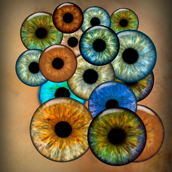 Yeux de poupée, iris réalistes Télécharger pour Mini bouchons de bouteilles Pendentifs Artisanat en papier Cercles de 20 mm à 10 mm, Feuilles de collage d'yeux numériques imprimables