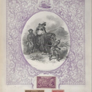 Print of Title page for 1859 edition The Last of the Mohicans with 3 Commemorative Stamps.