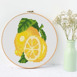 Lemon Cross Stitch Pattern, Food Embroidery, Hoop Art, Counted Cross Stitch, Wall Home Decor, Modern Embroidery, Fruit Cross Stitch