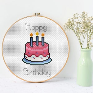 Happy Birthday Cake Cross Stitch Pattern, Birthday Card Embroidery, Cross Stitch Quote, Cake Cross Stitch, Birthday Gift Ideas