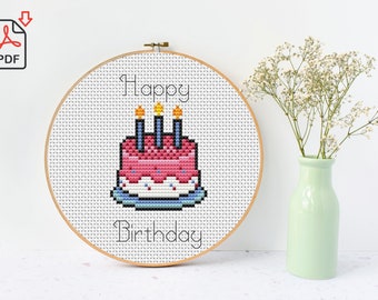 Happy Birthday Cake Cross Stitch Pattern, Birthday Card Embroidery, Cross Stitch Quote, Cake Cross Stitch, Birthday Gift Ideas