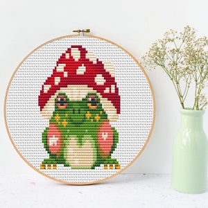 Mushroom Frog Cross Stitch Pattern, Beginner Embroidery, Amphibian Cross Stitch, Hand Embroidery, Cottagecore Embroidery, Cute Cross Stitch