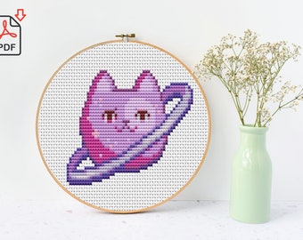 Cat Planet Cross Stitch Pattern, Gift for Cat Lover, Space Embroidery, Easy Cross Stitch, Cat Cross Stitch, Cute Animal, Pastel Embroidery