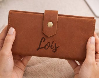 Personalized Leather Wallet for Mom, Custom Engraved RFID Wallet, Slim Card Holder with Phone Pocket, Mother’s Day Gift from Son
