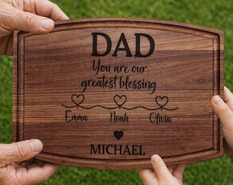 Custom Dad Cutting Board, Personalized Walnut Board with Kids Names, Engraved Father’s Day Gift for Him, Kitchen Decor