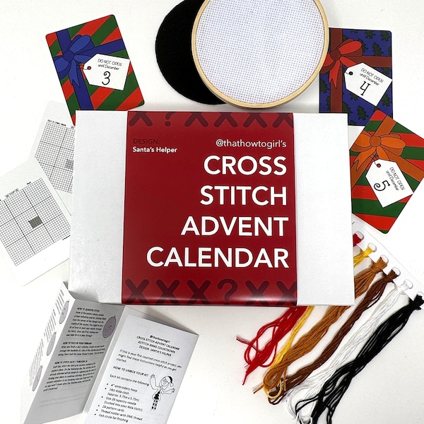 SOLO PDF - NUEVO para 2023 - Calendario de Adviento de punto de cruz - Diseño del ayudante de Papá Noel