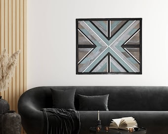 Reclaimed Wood Wall Art – Geometric Boho Mosaic in Neutral and Sage Tones - Boho Rustic Wood Mosaic Art – Sage and Gray Reclaimed Wood Decor