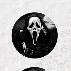 May include: Six black and white round stickers featuring a masked figure holding a knife. The figure is wearing a black hooded robe and a white mask with a wide-open mouth. The background is a dark cityscape with a full moon.