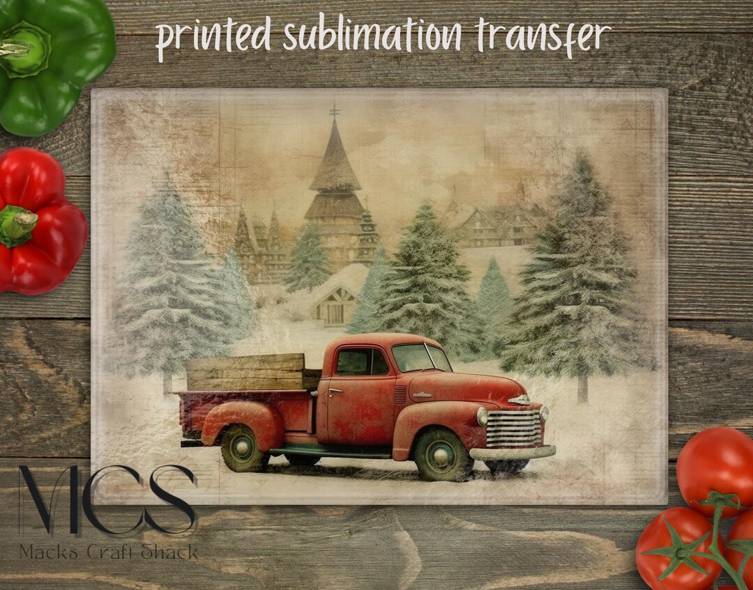 Sublimation Print - READY to PRESS - Vintage Winter Red Truck - Cutting ...