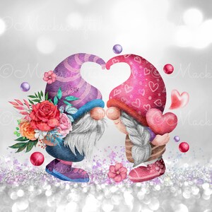 May include: Two gnomes with pink and purple hats are standing facing each other. The gnome on the left is holding a bouquet of flowers. The gnome on the right is holding a pink heart. Both gnomes have white beards and are standing on a sparkly silver background.