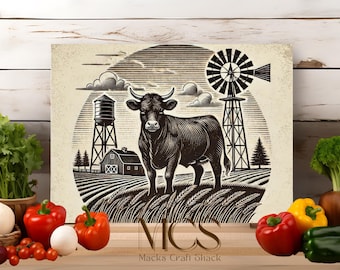 May include: A black and white illustration of a farm scene with a cow, a windmill, a water tower, and a barn. The image is in a vintage style and has a rustic feel. The text "Macks Craft Shack" is at the bottom of the image.