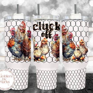 May include: White stainless steel tumbler with a black chicken wire pattern and a black graphic that says "Cluck Off". The tumbler has a black lid and a black straw. There are five chickens on the tumbler, all with different colored feathers. The chickens are standing on a white background with a black chicken wire pattern.