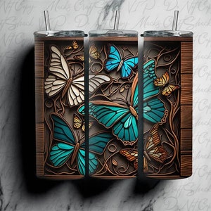 May include: Three stainless steel tumblers with a wood grain design and a butterfly pattern. The butterflies are in shades of blue, white, and brown.