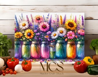 Sublimation PRiNT - READY To PRESS - Vibrant Flowers in Jars Cutting Board Design - NoT DiGITAL - NoT UVDTF
