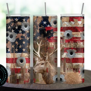 May include: Three stainless steel tumblers with a distressed American flag design, bullet holes, and a deer head image.