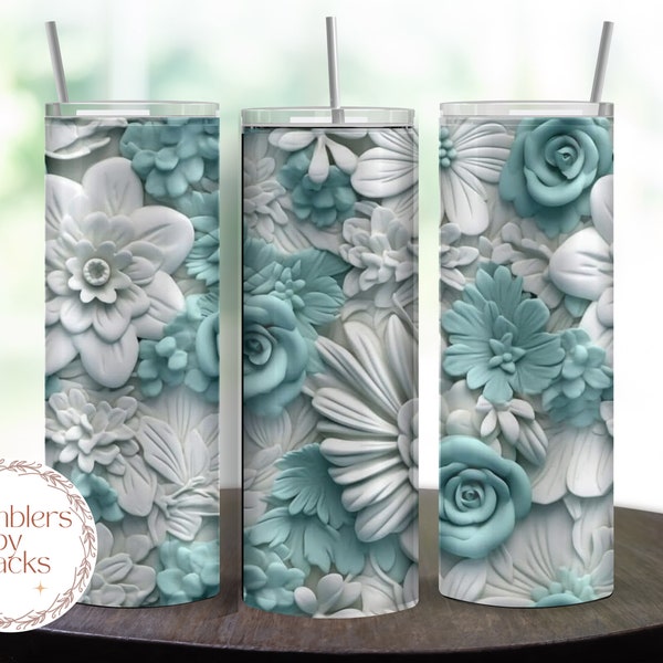 NOT Digital - READY to PRESS Vibrant Aqua/Teal and White 3D Floral Tumbler Print - Printed 3D Transfer for 20 and 30-ounce Tumbler -