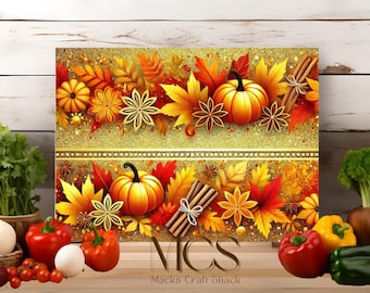 May include: A gold glitter background with a fall theme. The background features orange, red, and yellow leaves, pumpkins, and cinnamon sticks. The text "MCS Mack's Craft Shack" is at the bottom of the image.
